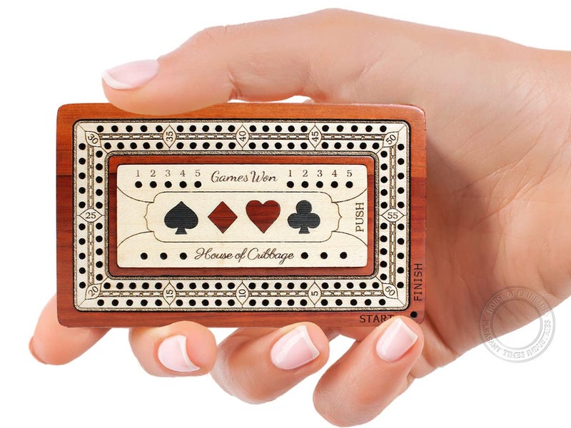 House of Cribbage - 2 Track - Wooden Travel/Pocket Size Cribbage Board - 4 Inch - Inlaid in Bloodwood/Maple Wood with Storage Space for Cribbage Pegs - 60 Points - Non Continuous - Image 1